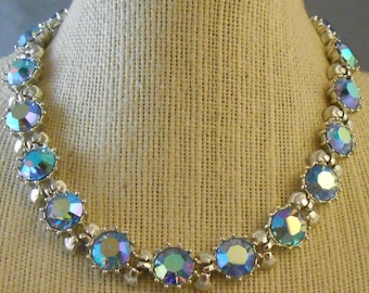 Coro Large Rhinestone Choker Necklace c 1950s  Large Aurora Borealis stones