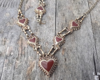 VALENTINE Victorian Edwardian Pinchbeck RARE enamel Heart Necklace& Bracelet Set  c.1800s ~ Amazing Antique