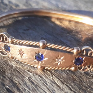 Antique Victorian 9K Rose Gold Bangle, diamond & Sapphire  British 375 Victorian c.1800s - Romantic gift  Reduced