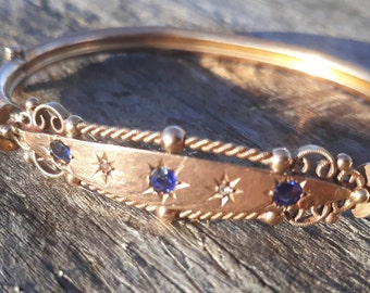 Antique 9K Rose Gold Bangle, diamond & Sapphire  British 375 Victorian c.1800s