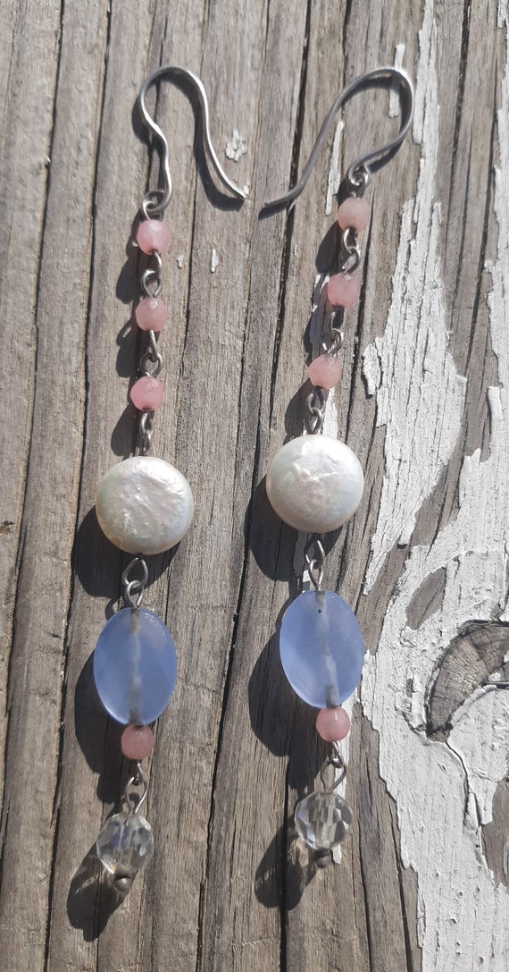 Gemstone dangle Earrings,  Rose quartz,  Blue cha… - image 3