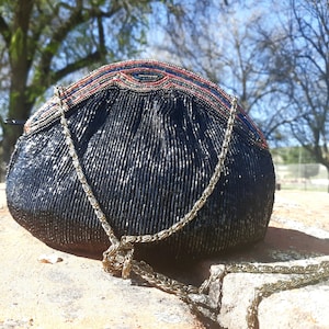 Antique Art Deco beaded bag, Jewel tone accents 1940s