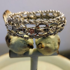 Vintage Sterling charm bracelet, Wide woven metal with flowers, gorgeous!