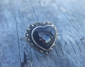 Genuine Onyx Heart Ring Sterling , Marcasite accents ~ Lovely