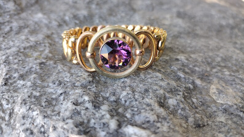 Antique Glass Gold filled Expansion sweetheart bracelet , Amethyst Speidel Phoenix C.1940s image 4