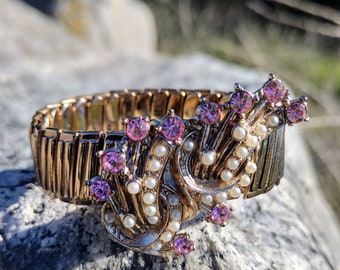 Vintage Gold plate Expansion bracelet, Pink Rhinestones & Pearls  1950s,  Made in Japan