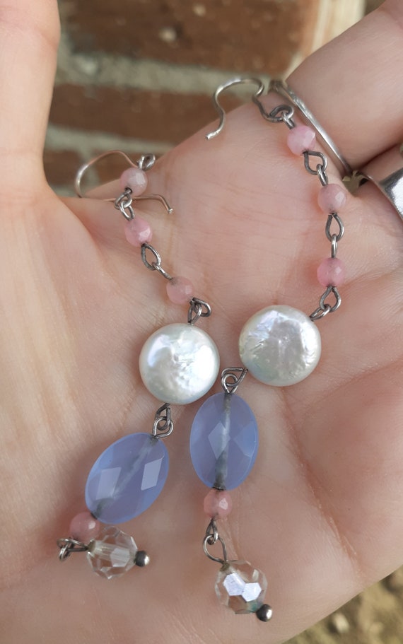 Gemstone dangle Earrings,  Rose quartz,  Blue cha… - image 1