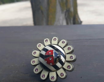 Vintage Betsey Johnson Ladybug Ring ,  Striped flower,  Size 7 Valentine's Day