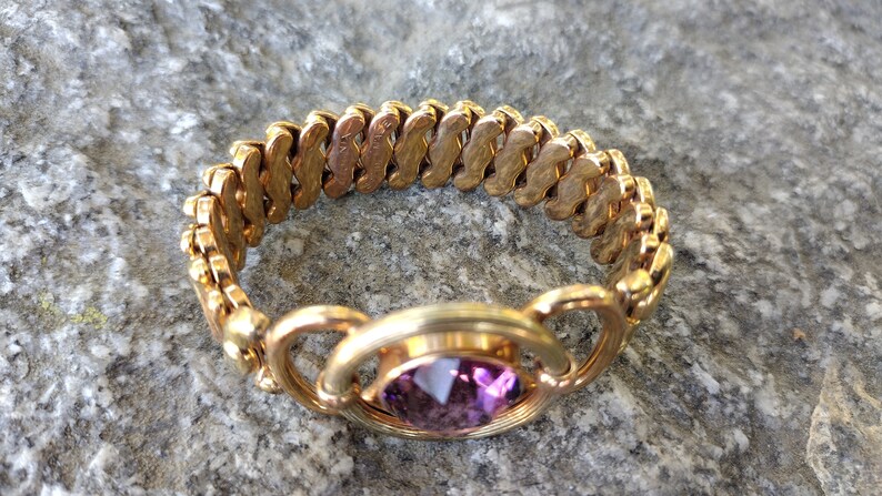 Antique Glass Gold filled Expansion sweetheart bracelet , Amethyst Speidel Phoenix C.1940s image 3