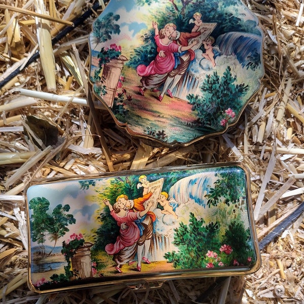 Vintage Stratton cigarette box, and compact Set,  Romantic Victorian scene,  cherubs  VALENTINE