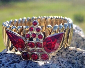 Vintage guld Expansion armband, Dale ockuperade Japan, röd strass design 1950, Alla hjärtans dag
