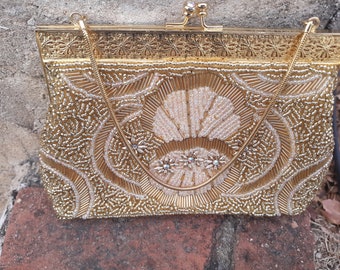 Antique beaded handbag, Gold, Ornate, heavy beading!  STUNNING