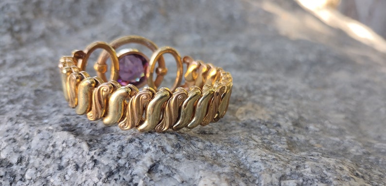 Antique Glass Gold filled Expansion sweetheart bracelet , Amethyst Speidel Phoenix C.1940s image 2