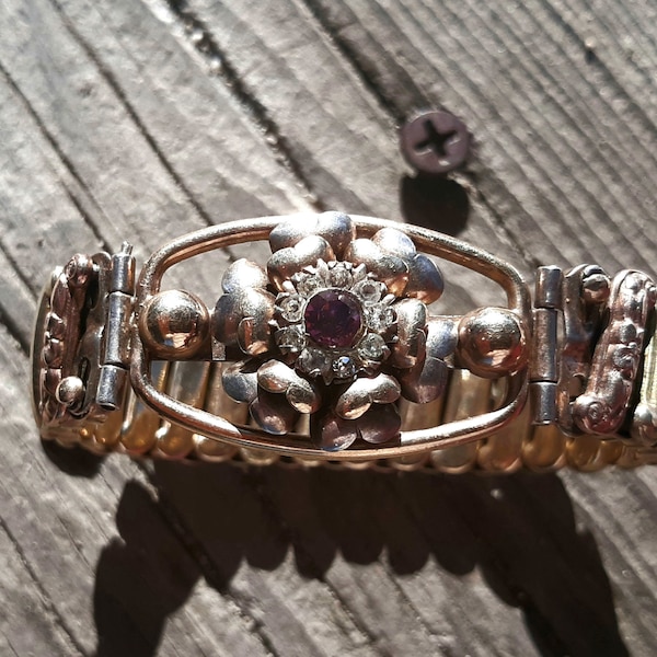 Antique Gold-filled sweetheart Expansion bracelet, Lustern , Sterling base  1940's