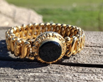 Antique Gold filled Carmen sweetheart expansion bracelet, round black Glass circa 1930-40s