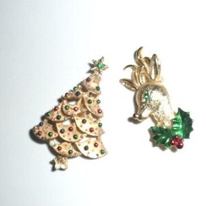 Conjunto de broches de Natal Vtg Gerrys - Rena Rudolph e árvore de Natal