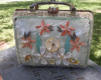 Vintage British Hong Kong  Sea Shell Windowpane Handbag Tortoise lucite handles