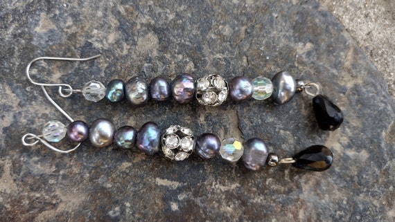 Art Deco Black Pearl Dangle earrings, vintage Rhi… - image 3