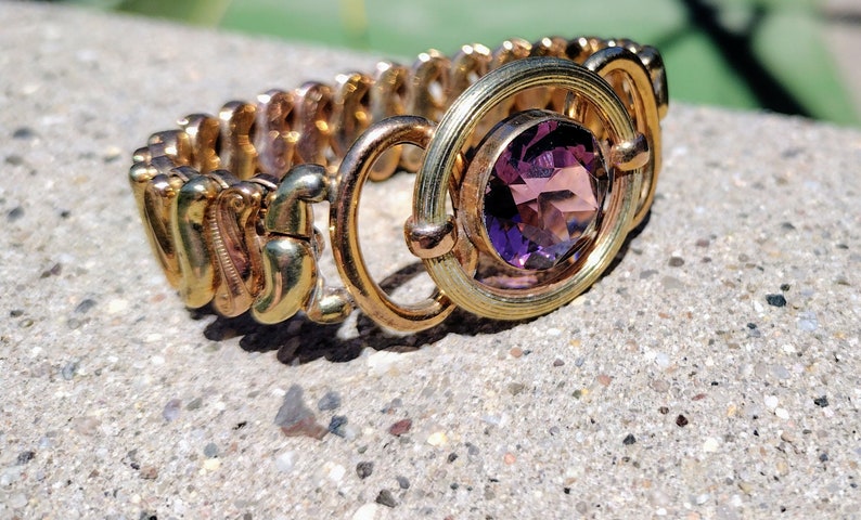 Antique Glass Gold filled Expansion sweetheart bracelet , Amethyst Speidel Phoenix C.1940s image 6