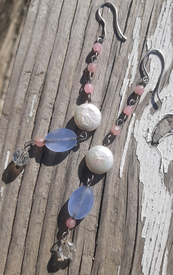 Gemstone dangle Earrings,  Rose quartz,  Blue cha… - image 4