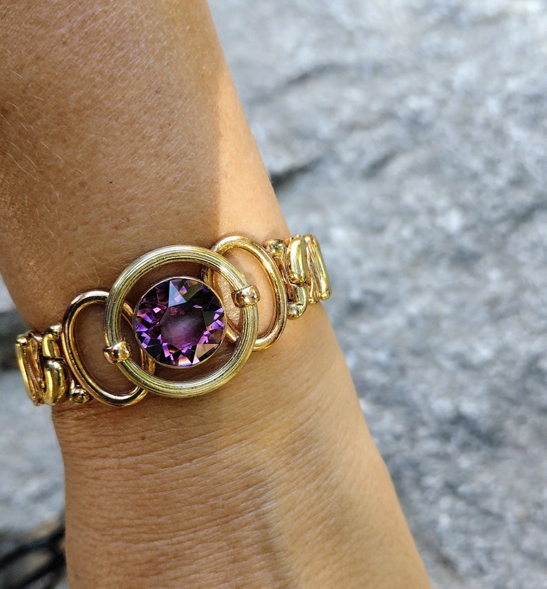 Antique Glass Gold filled Expansion sweetheart bracelet , Amethyst Speidel Phoenix C.1940s image 1