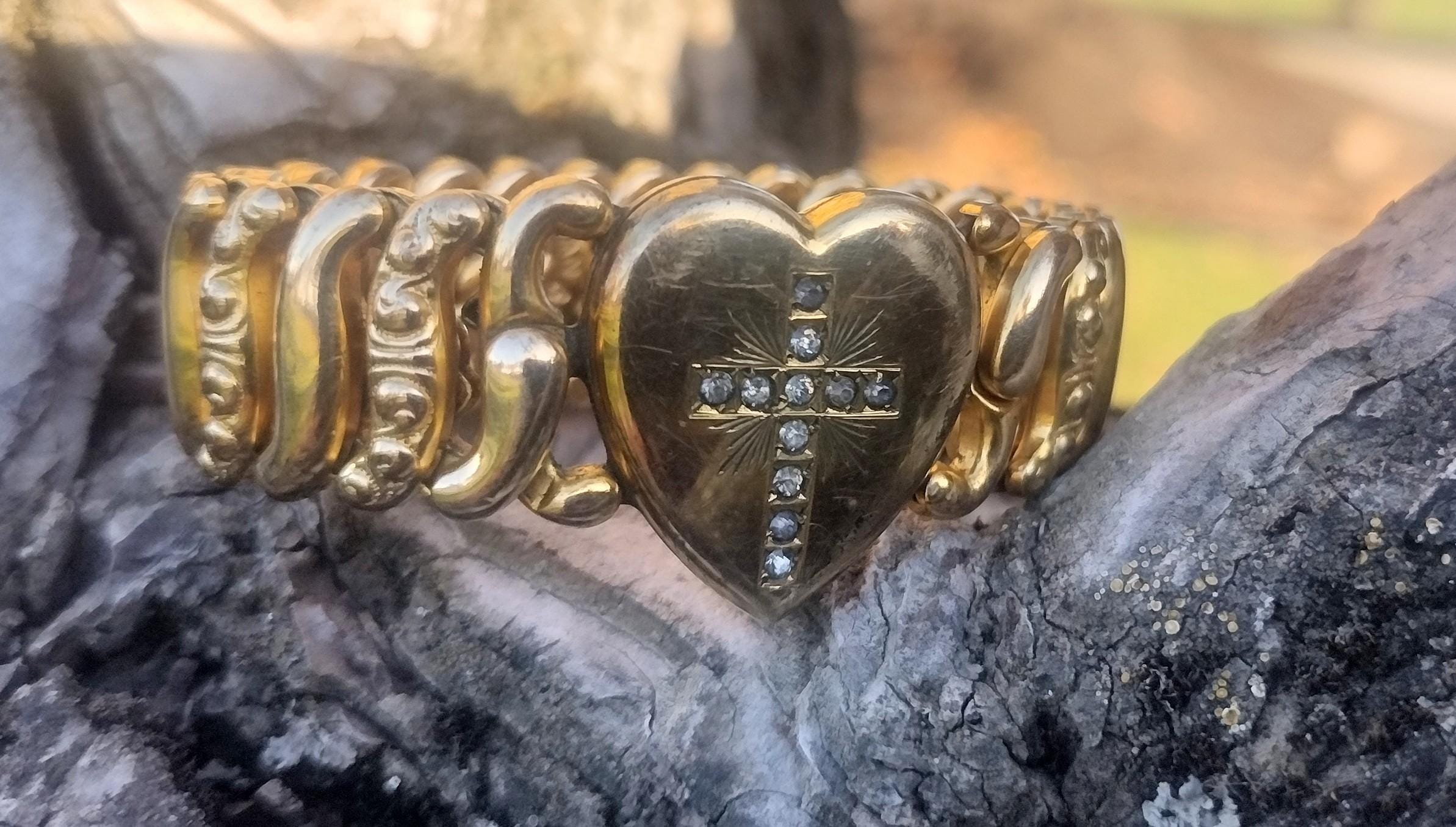 Antique Gold Filled Sweetheart Expansion Bracelet, Cross. American