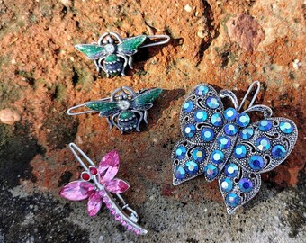 Pasadores para el pelo vintage con diamantes de imitación esmaltados: mariposas, libélulas y moscas