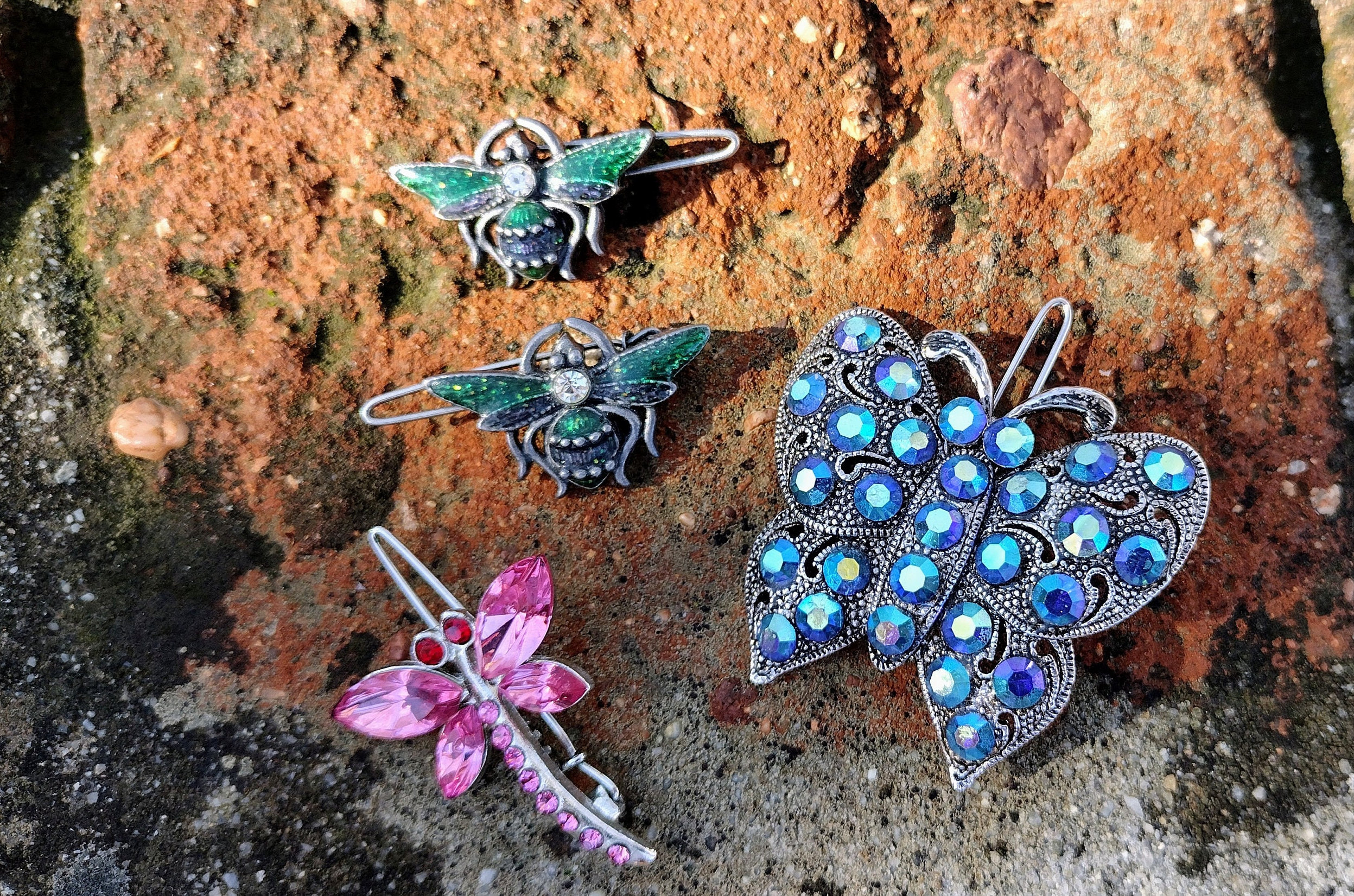Vtg Rhinestone Figural Hair Clips Bee Butterfly Dragonfly Set Of 3 Vintage Rhinestone Butterfly Hair Clip | Colorful Crystal  main image 4