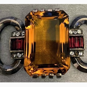 Art Deco faux Citrine & Ruby Bracelet, Gold on Sterling, vintage beautiful GIFT