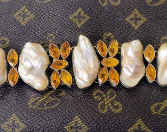 Stunning Art Deco Citrine and Genuine Pearl Sterling Silver Toggle bracelet