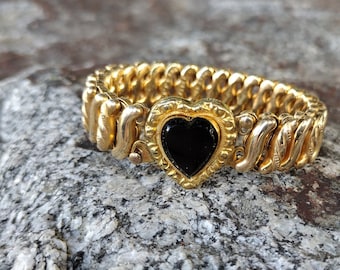 Antique Carmen Gold Filled Sweetheart Expansion bracelet, black Onyx Heart  1930s-40s,  Original box RARE