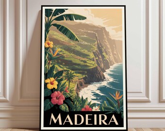 Póster vintage de Madeira, Portugal, arte mural costero.