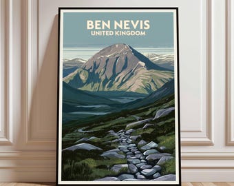 Puede incluir: Un póster enmarcado que representa Ben Nevis, Reino Unido, en un estilo vintage. La obra de arte presenta una escena de montaña con un sendero de piedra que conduce a través de un valle. El texto "BEN NEVIS UNITED KINGDOM" se muestra en la parte superior.