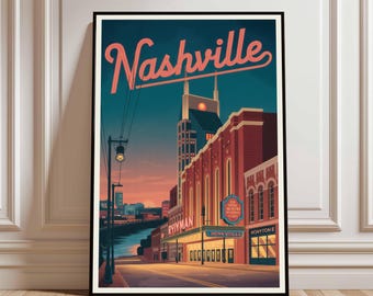 Nashville Travel Poster, Retro Tennessee Landscape Art, Vibrant Wall Decor for Home and Office