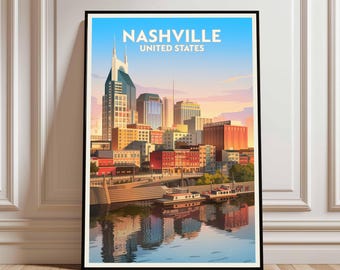 Nashville Travel Poster, Retro Tennessee Landscape Art, Vibrant Wall Decor for Home and Office