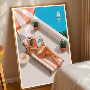 Woman Sunbathing Sea View, Balcony Travel Poster, Sailboat Ocean Wall Art, Summer Reading Print