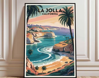 Puede incluir: Una impresión artística enmarcada que presenta una escena costera estilizada de La Jolla, California. La obra de arte representa una playa con palmeras, acantilados y olas del océano. El texto "LA JOLLA CALIFORNIA" está en la parte superior. La paleta de colores incluye azules, verdes, naranjas y amarillos.