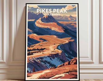 Pikes Peak Colorado Poster Druck, Berg Gipfel Wandkunst, Malerische Landstraße Karte Dekor, Natur Reise Illustration Geschenk, Zahnradbahn Ansicht