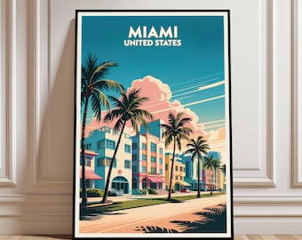 May include: A framed art print showing a stylized illustration of Miami, Florida. The artwork features pastel-coloured buildings, palm trees, and a blue sky with pink clouds. The text "MIAMI UNITED STATES" is at the top.