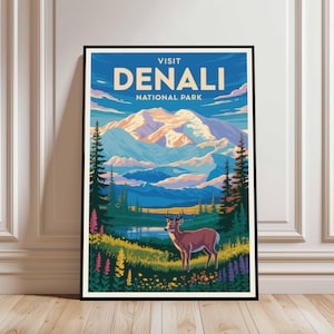 Pôster de viagem do Parque Nacional Denali, impressão de montanha do Alasca