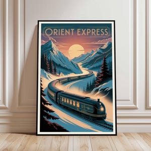 May include: Art Deco poster depicting the Orient Express train traversing a snowy mountain landscape. The image shows a black train with gold detailing, set against a backdrop of snow-covered mountains, a sunset, and the words "ORIENT EXPRESS".