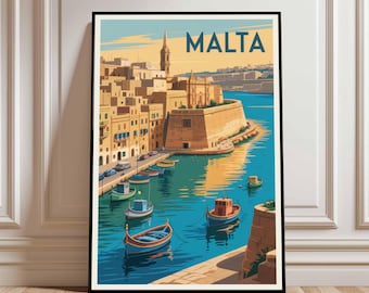 Malta Travel Poster, Mediterranean Cityscape Art Print