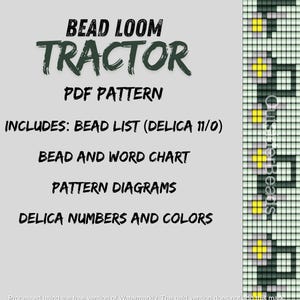 Peut inclure: Un patron PDF numérique pour projets de métier à tisser de perles. Le design présente le mot "TRACTOR" en vert foncé, avec un motif de perles assorti à droite. Comprend une liste de perles, des graphiques, des diagrammes et des numéros Delica.