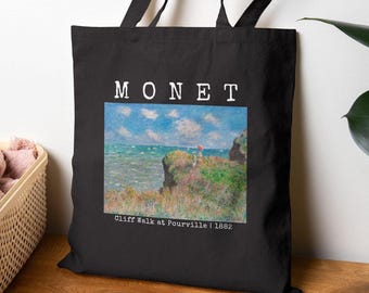 Monet Canvas Tote Bag, Cliff Walk at Pourville Art Print, Impressionist Landscape Bag, Vintage Art Shopper, Beach Tote, Gift for Art Lover