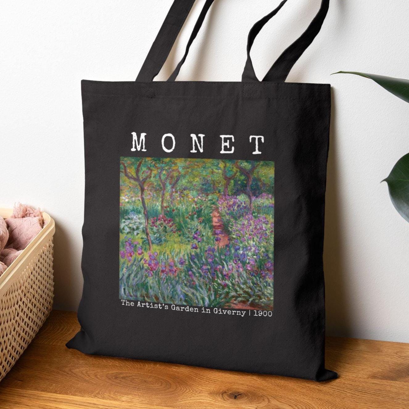 Monet Art Print Tote Bag, The Artist's Garden in Giverny Canvas Tote Bag, Floral Cotton Bag, Vintage Monet Art Gift, Monet lover Gift, Black
