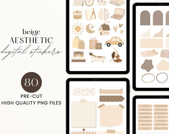 Aesthetic Digital Stickers for GoodNotes, Neutral Minimal Planner Stickers, Journal Stickers, Pre-Cropped Stickers