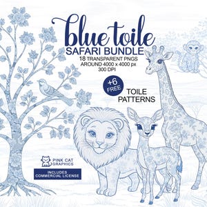 Clipart toile kwekerij, safari toile clipart, toile print, blauwe toile clipart, bloemen toile de jouy, sublimatie, kaarten maken, afdrukbaar, doe-het-zelf