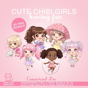 Süße Chibi Mädchen Clipart Bundle, PNG zum ausdrucken, kommerzielle Nutzung, digitaler Download, Freunde, Kawaii, Mädchen Grafiken, Spaß