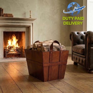 Cesta rectangular de cuero genuino hecha a mano para leña / Transportador de leña / Organizador rústico para chimenea