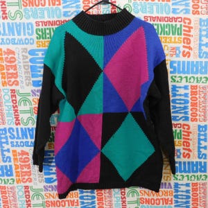 VTG Karen Scott Sweater Size M Geometric Multicolor 80s Shoulder Pads Pullover
